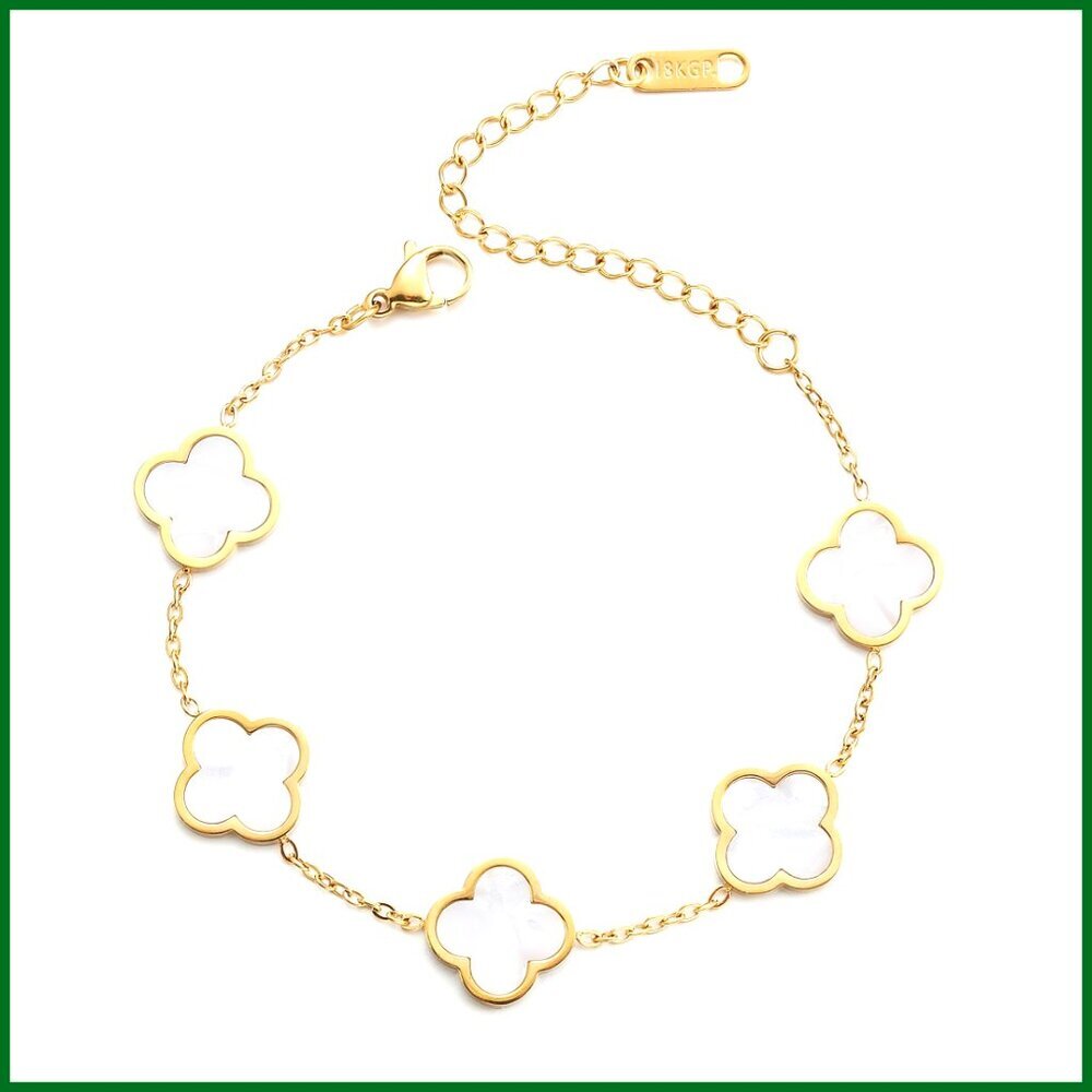 Four Leaf Clover Charm Bracelet Gold Plated Stainless Steel Adjustable Link